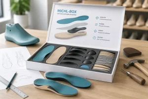Geöffnete Michl-Box „Der Einlagenbaukasten“ auf einer Werkbank: Rohlinge, Pelotten und Keile im Schaumstoffeinsatz, daneben zwei fertige Einlagen.