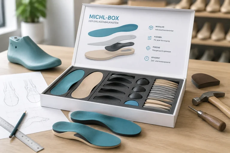 Geöffnete Michl-Box „Der Einlagenbaukasten“ auf einer Werkbank: Rohlinge, Pelotten und Keile im Schaumstoffeinsatz, daneben zwei fertige Einlagen.