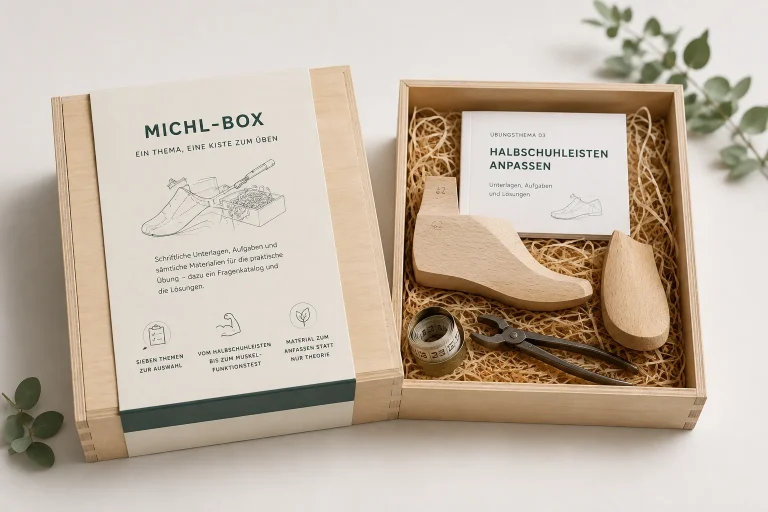 Geöffnete Michl-Box aus Holz mit Begleitheft, Musterleisten, Maßband und Zange auf Holzwolle